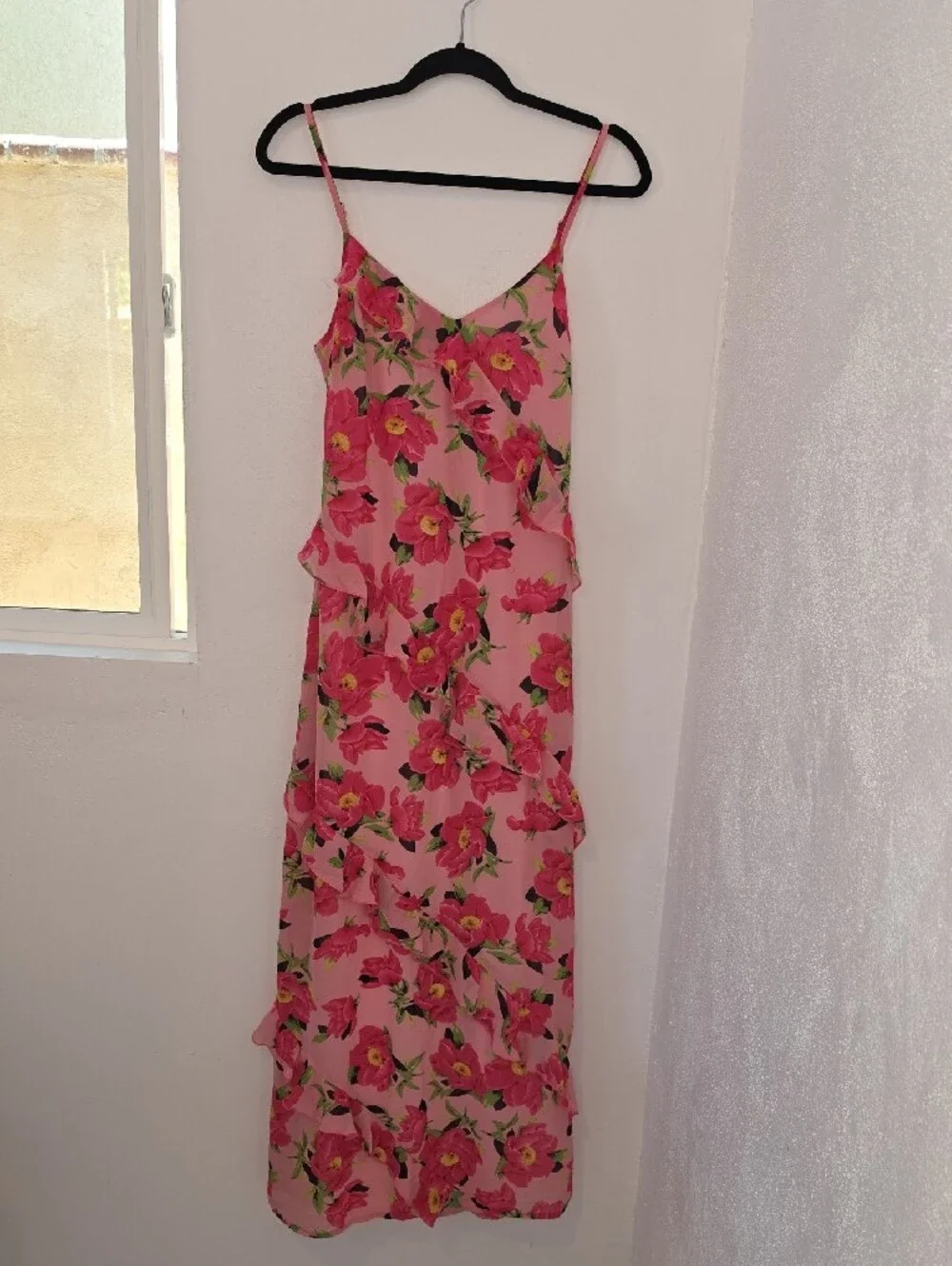 Nasty Gal Pink Floral Adjustable Spaghetti Strap High Slit Ruffle Midi Dress 6 - Picture 1 of 6